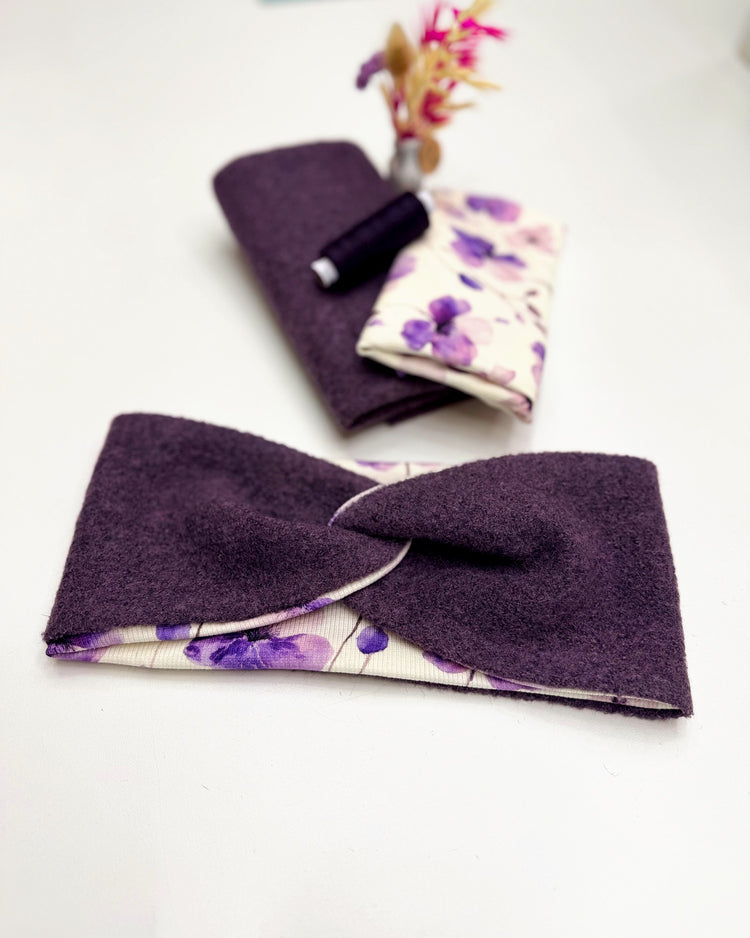 Stirnband mit Knoten Nähset in Aubergine aus Merino Walk mit Veilchen-Futter