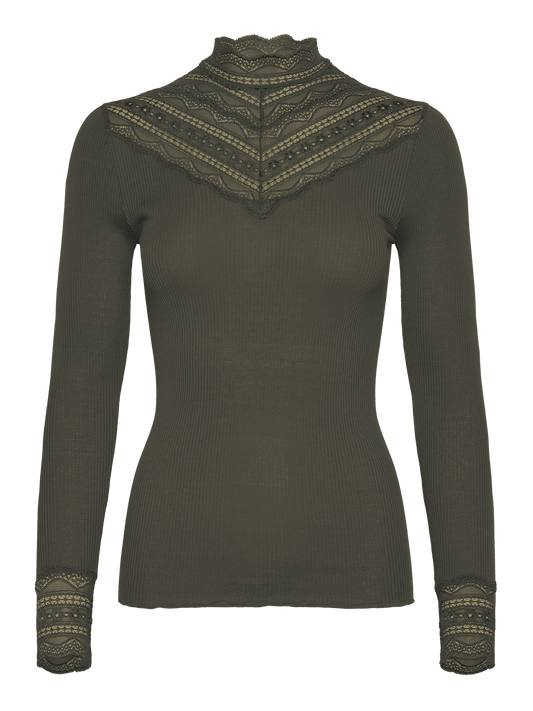RWBenita Silk LS Lace T- neck T-shirt Forrest Night